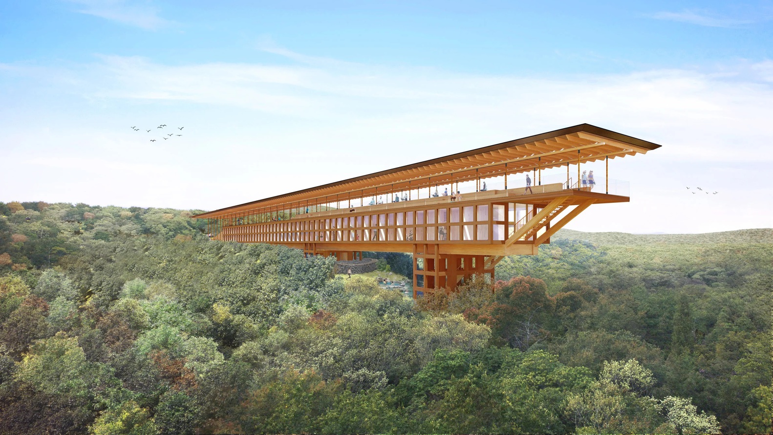 日本淡路岛疗养地，桥状的木制结构悬挑于郁郁葱葱的景观之上